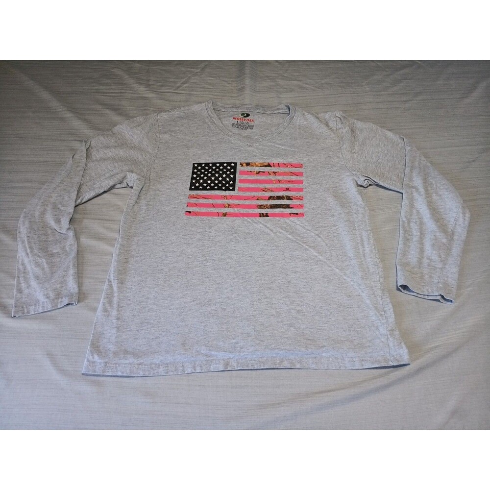 Mossy Oak Shirt Women’s Size Large Pink Camo American Flag Long Sleeve RN 151232